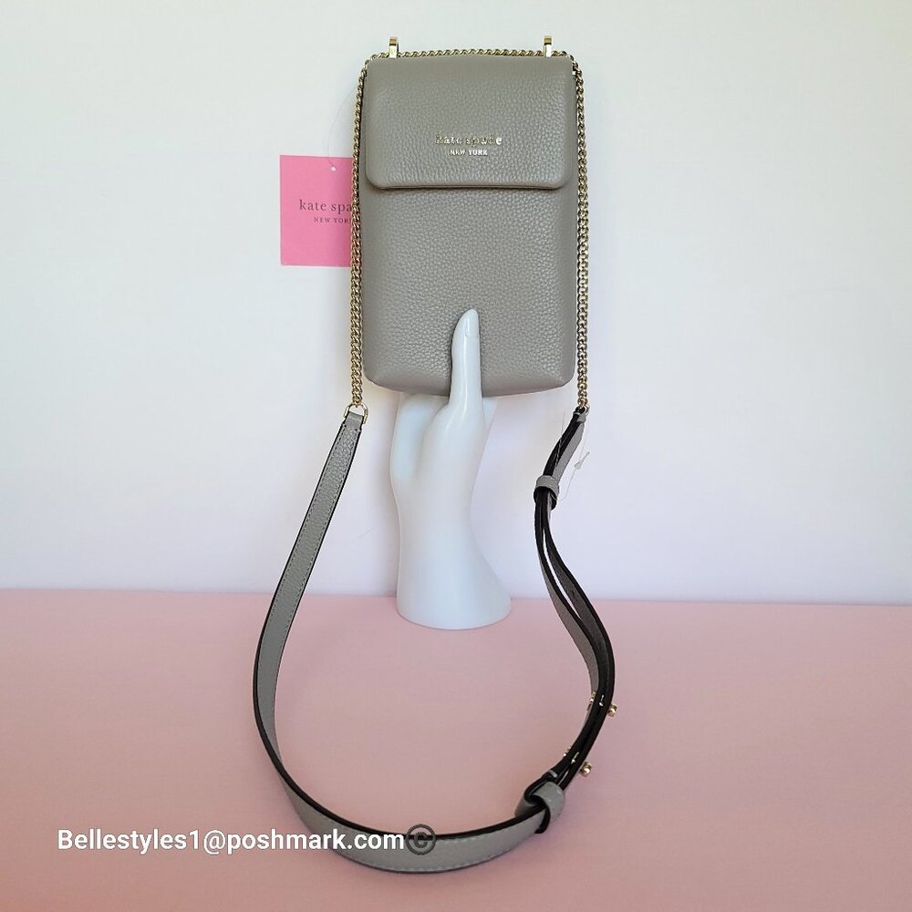 KATE SPADE Bradley North/South Pebbled Leather Phone Crossbody-True Taupe πβ - Picture 2 of 16